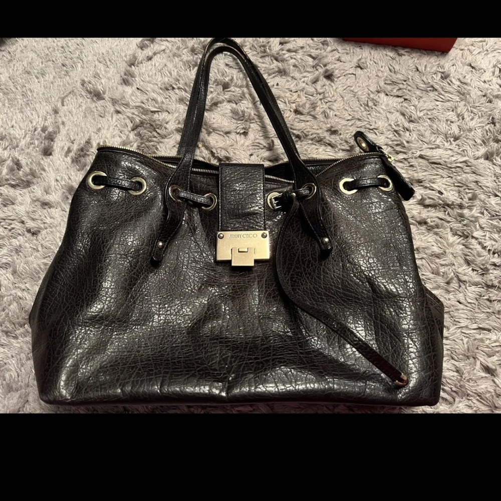 JIMMY CHOO Black Rhea Croc Embossed Leather Shopper Bag.